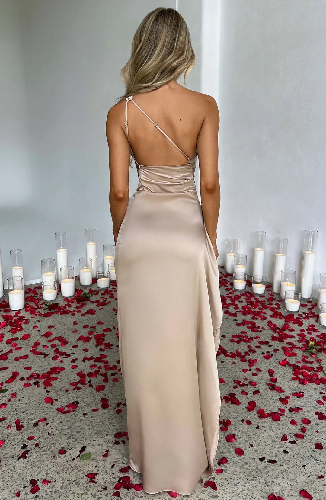 One-Shoulder Maxi Dress with Draped Skirt and Side Slit