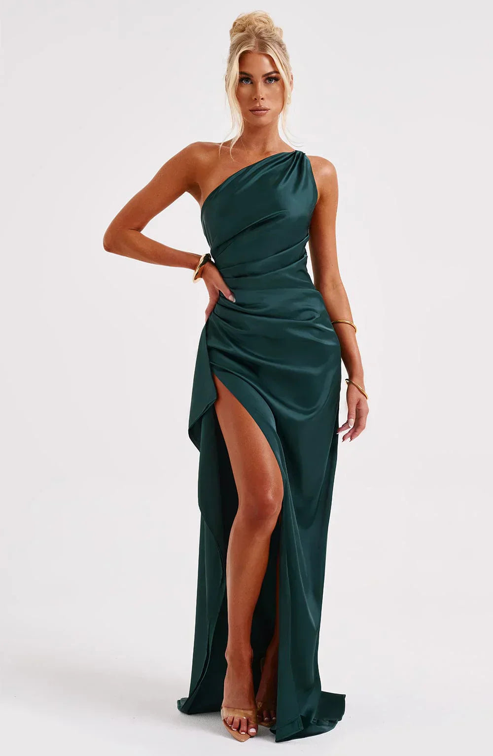 One-Shoulder Maxi Dress with Draped Skirt and Side Slit