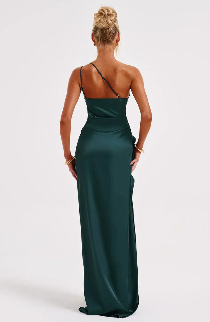 One-Shoulder Maxi Dress with Draped Skirt and Side Slit
