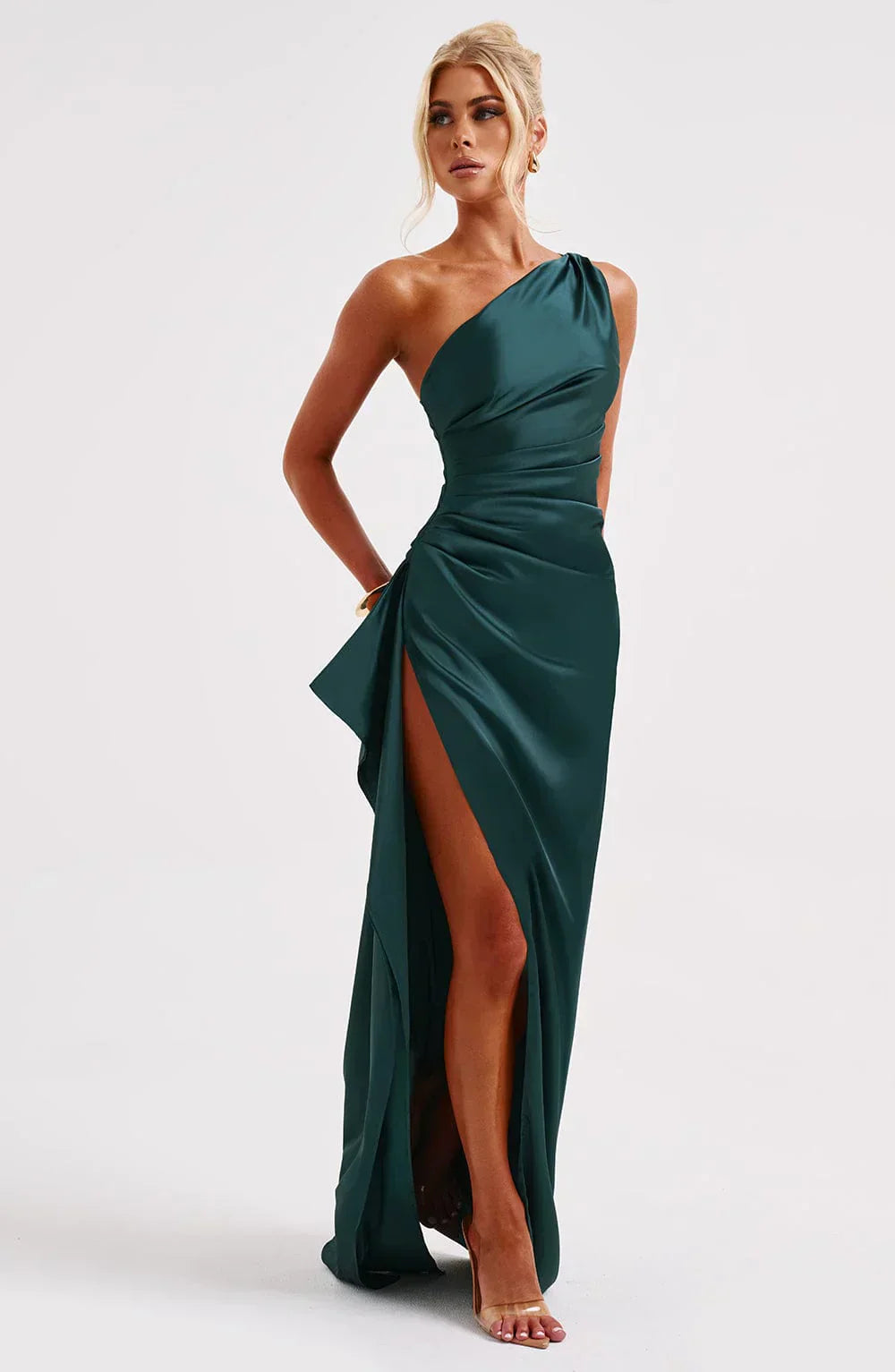 One-Shoulder Maxi Dress with Draped Skirt and Side Slit