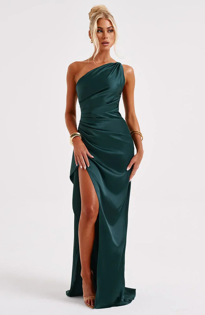 One-Shoulder Maxi Dress with Draped Skirt and Side Slit