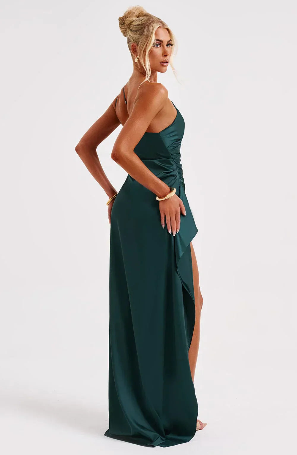 One-Shoulder Maxi Dress with Draped Skirt and Side Slit