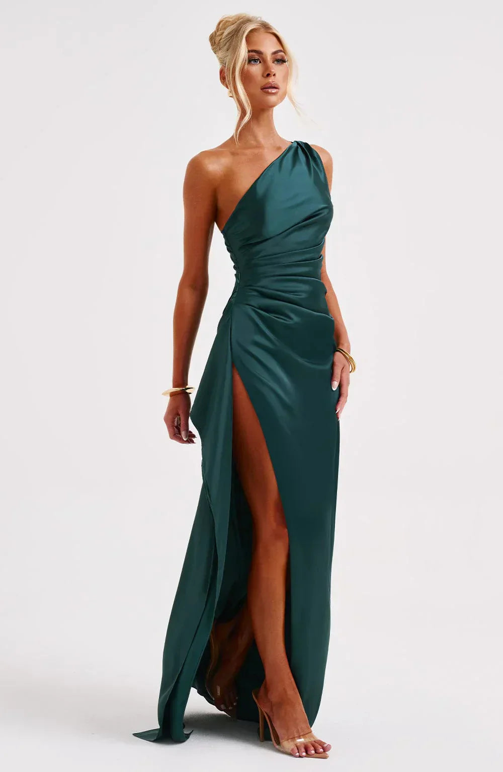 One-Shoulder Maxi Dress with Draped Skirt and Side Slit