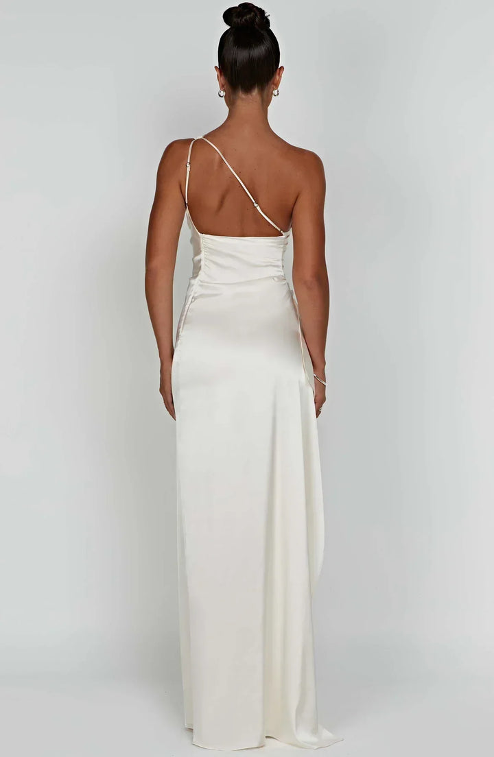 One-Shoulder Maxi Dress with Draped Skirt and Side Slit