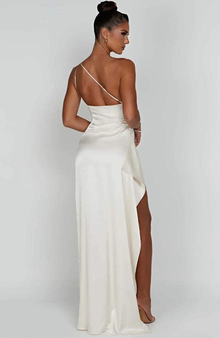 One-Shoulder Maxi Dress with Draped Skirt and Side Slit