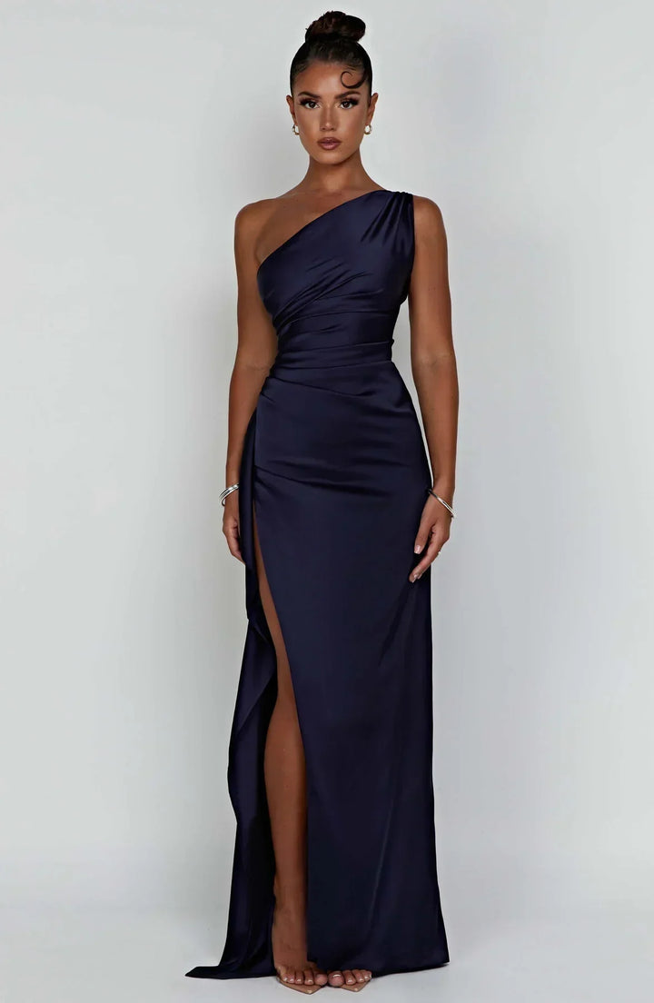 One-Shoulder Maxi Dress with Draped Skirt and Side Slit
