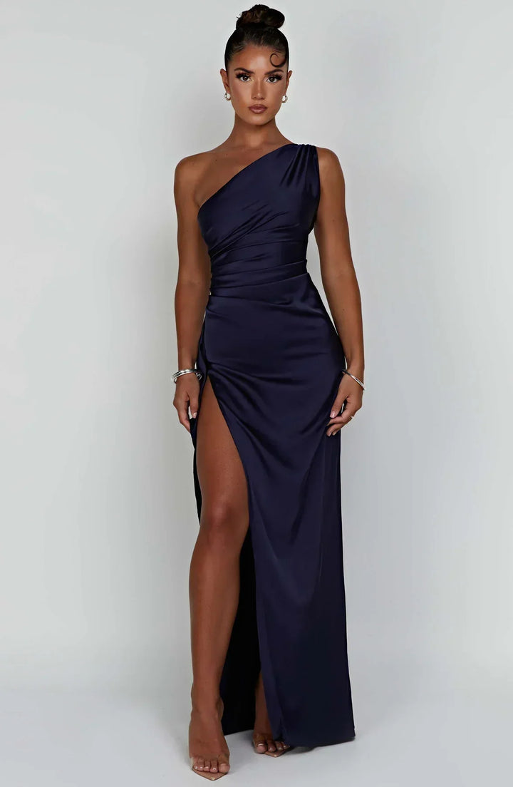One-Shoulder Maxi Dress with Draped Skirt and Side Slit