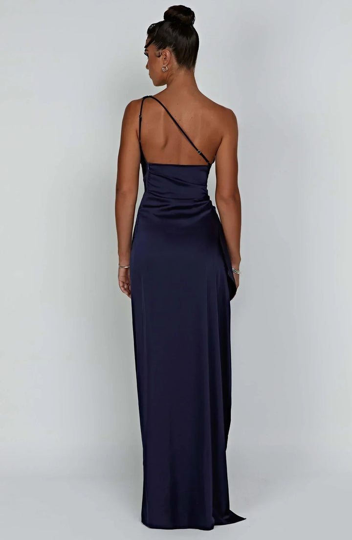 One-Shoulder Maxi Dress with Draped Skirt and Side Slit