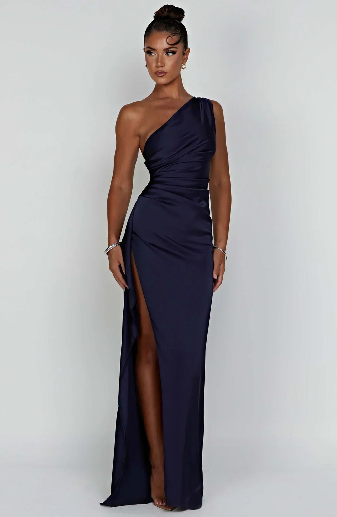 One-Shoulder Maxi Dress with Draped Skirt and Side Slit