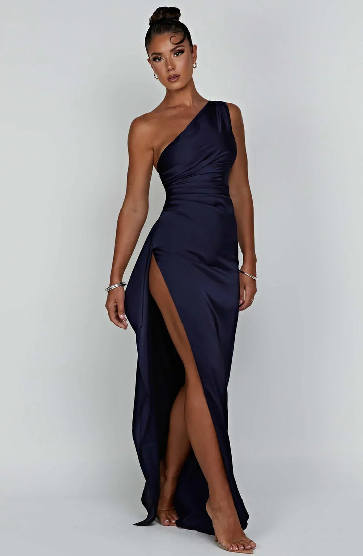 One-Shoulder Maxi Dress with Draped Skirt and Side Slit