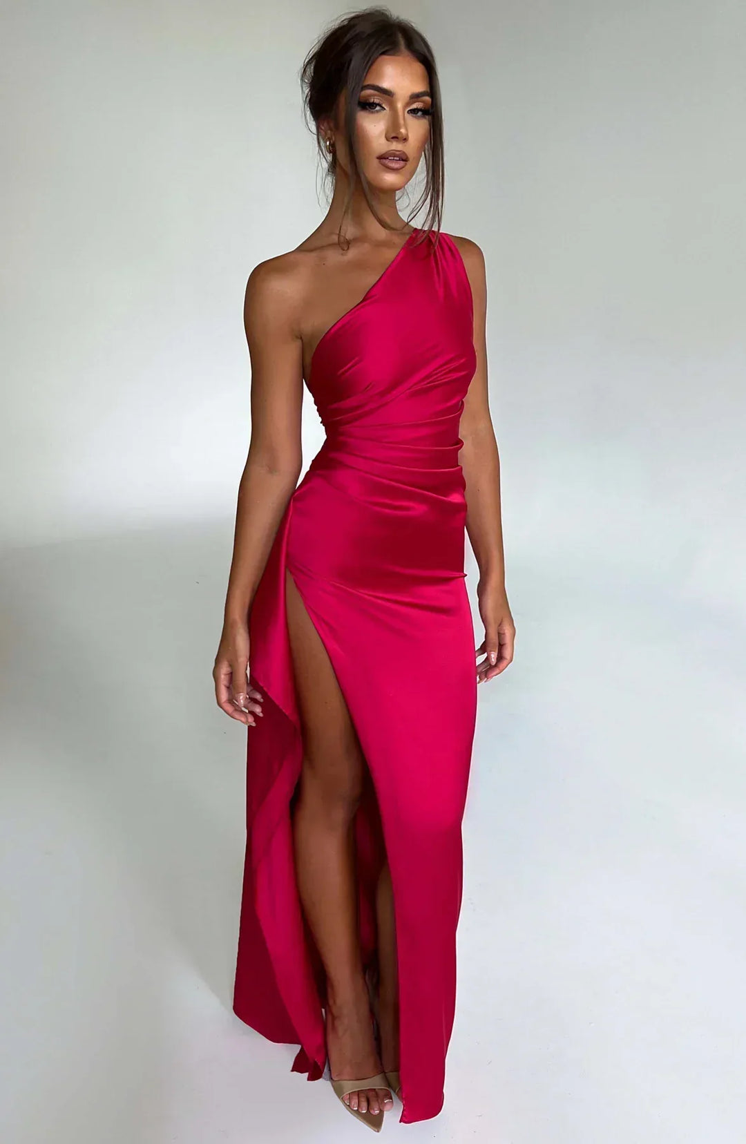 One-Shoulder Maxi Dress with Draped Skirt and Side Slit