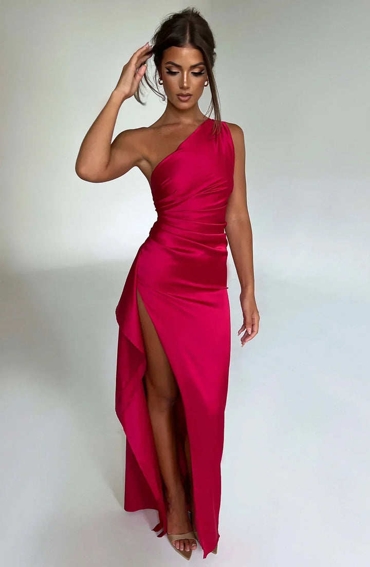 One-Shoulder Maxi Dress with Draped Skirt and Side Slit