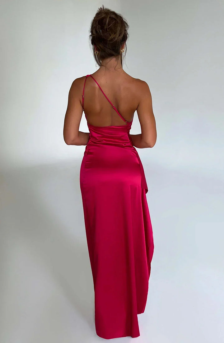 One-Shoulder Maxi Dress with Draped Skirt and Side Slit