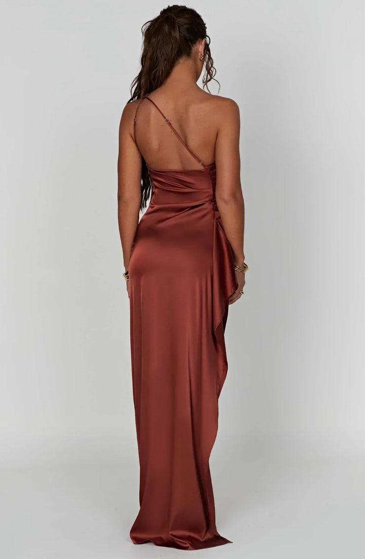 One-Shoulder Maxi Dress with Draped Skirt and Side Slit