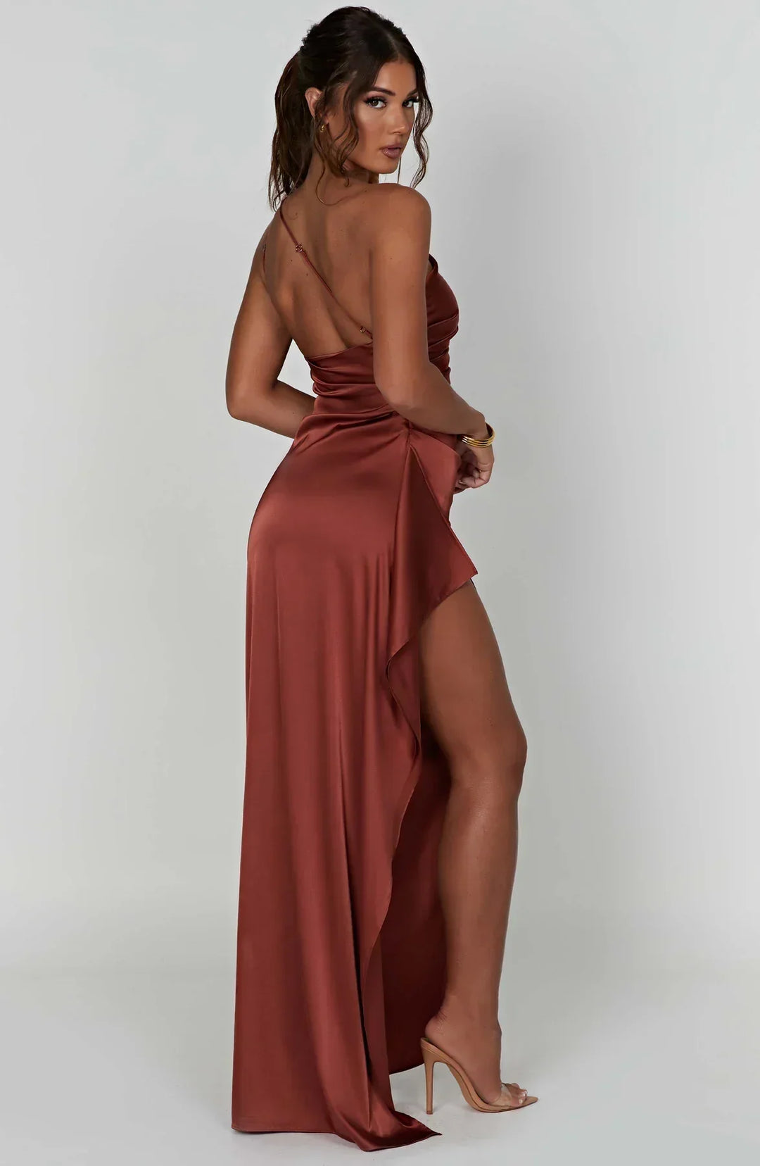 One-Shoulder Maxi Dress with Draped Skirt and Side Slit