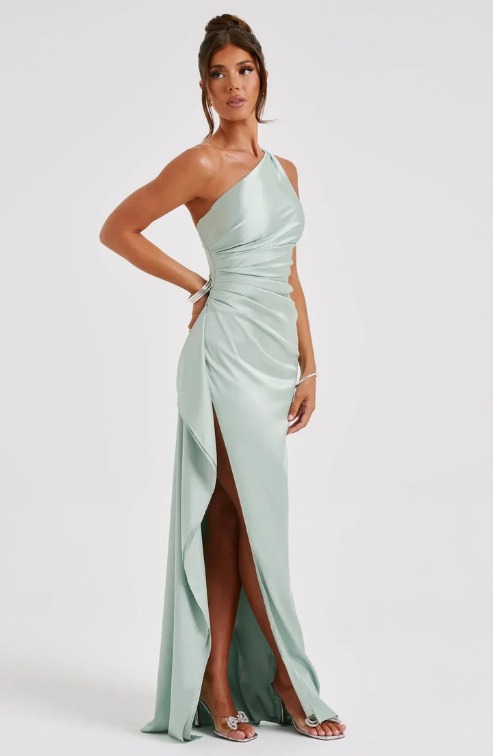 One-Shoulder Maxi Dress with Draped Skirt and Side Slit