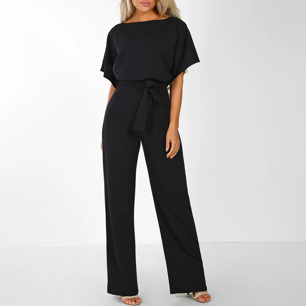 Wide Leg Jumpsuit with Short Sleeves, Round Neckline and Tie Waist Belt
