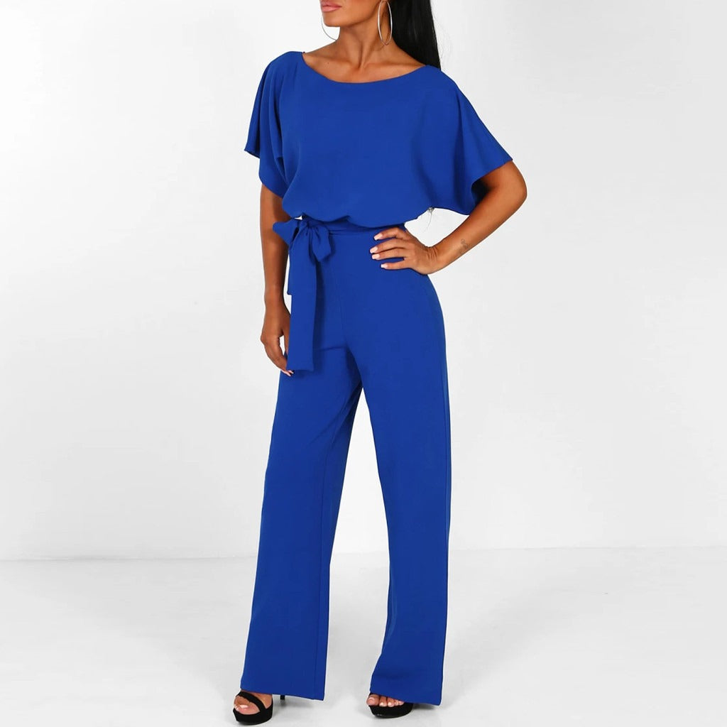 Wide Leg Jumpsuit with Short Sleeves, Round Neckline and Tie Waist Belt