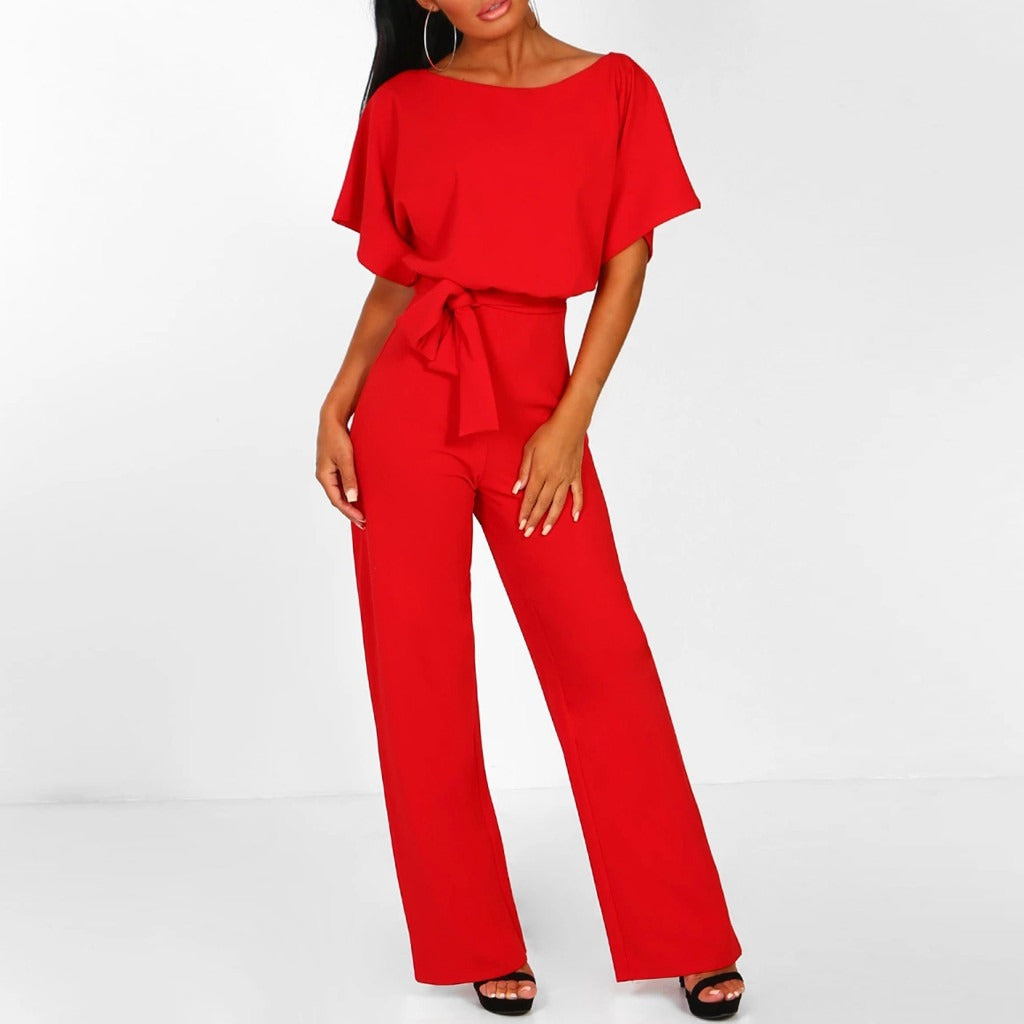 Wide Leg Jumpsuit with Short Sleeves, Round Neckline and Tie Waist Belt