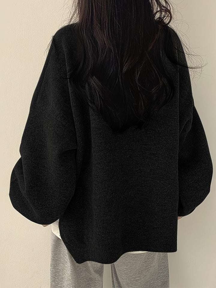Oversized Knit Sweater with Round Neckline and Ribbed Finishes