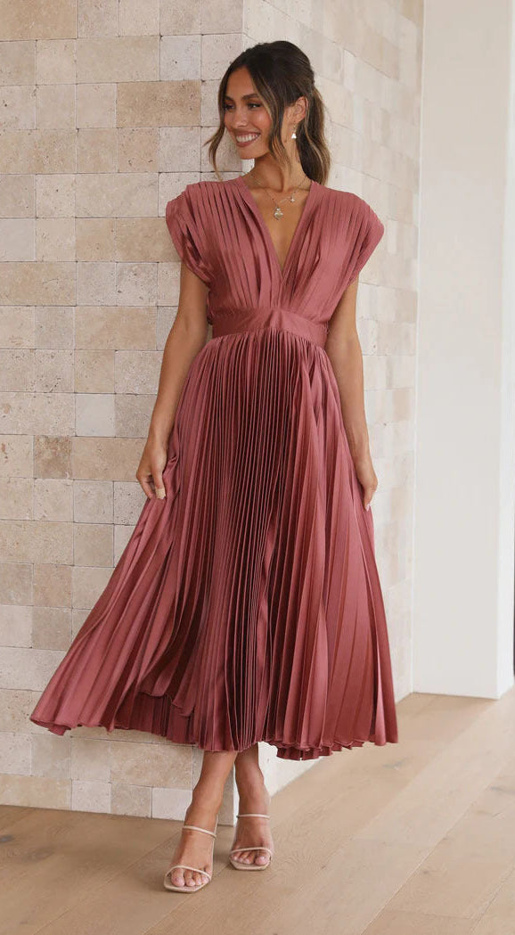 Plissé Pleated Midi Dress with Deep V-Neckline and Cap Sleeves