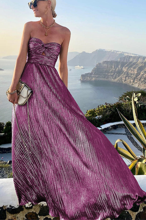 Strapless Maxi Dress with Pleated Fabric and Twist Front Detail