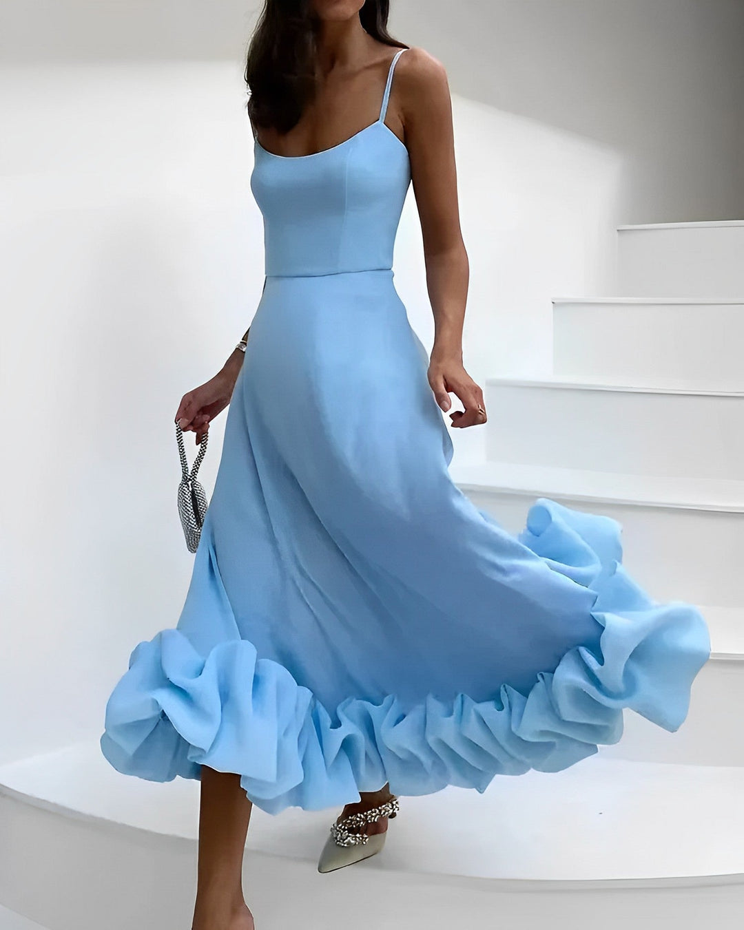 Midi Slip Dress with Spaghetti Straps and Ruffle Bubble Hem