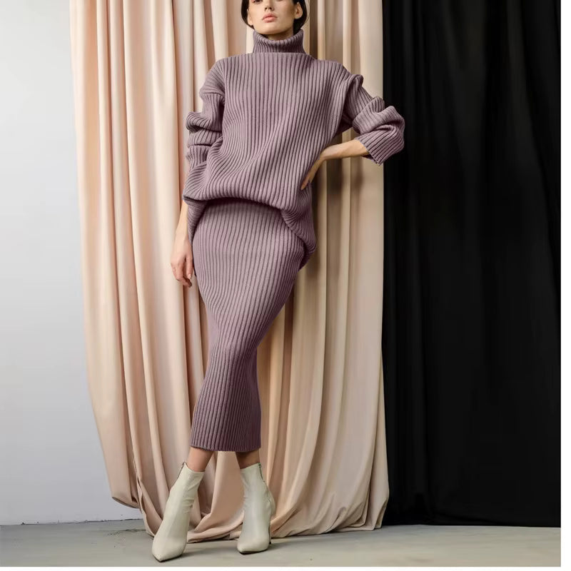 Ribbed Turtleneck Top and Maxi Skirt Set with Long Sleeves
