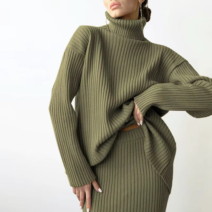 Ribbed Turtleneck Top and Maxi Skirt Set with Long Sleeves