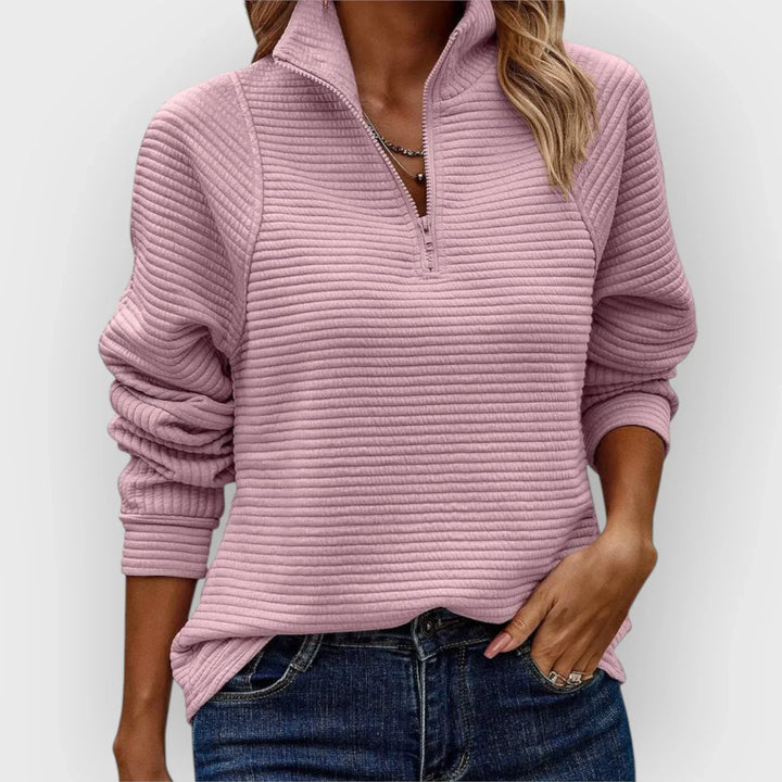Ribbed Texture Top with Half-Zip Closure and Collar