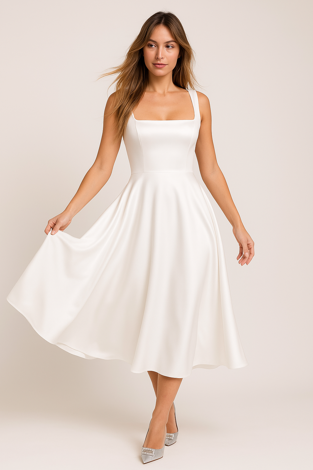 Square-Neck Midi Dress with Wide Straps and Fitted Waist