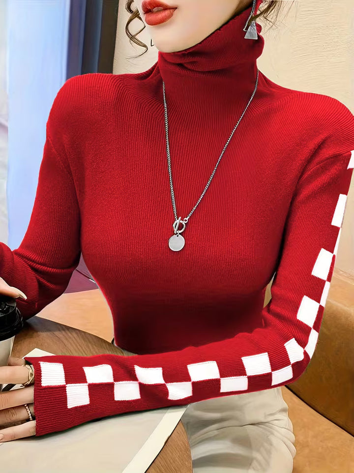 Fitted Turtleneck Top with Long Sleeves and Contrast Pattern Details