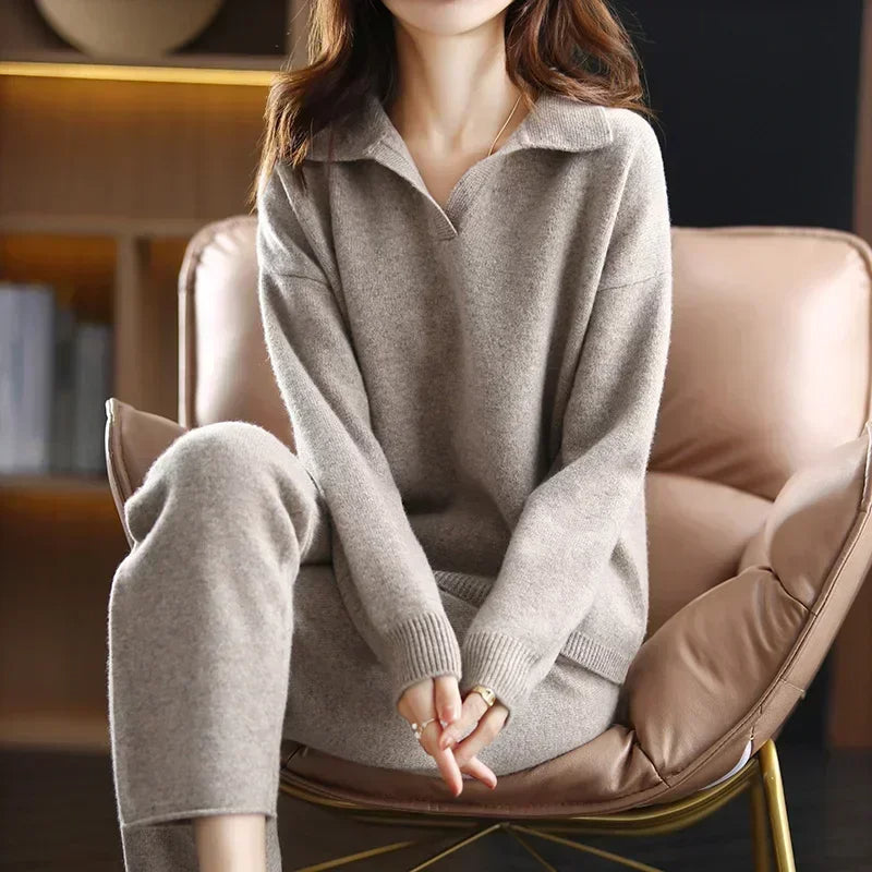Polo Neckline Long Sleeve Top and Straight Leg Trousers Knit Set