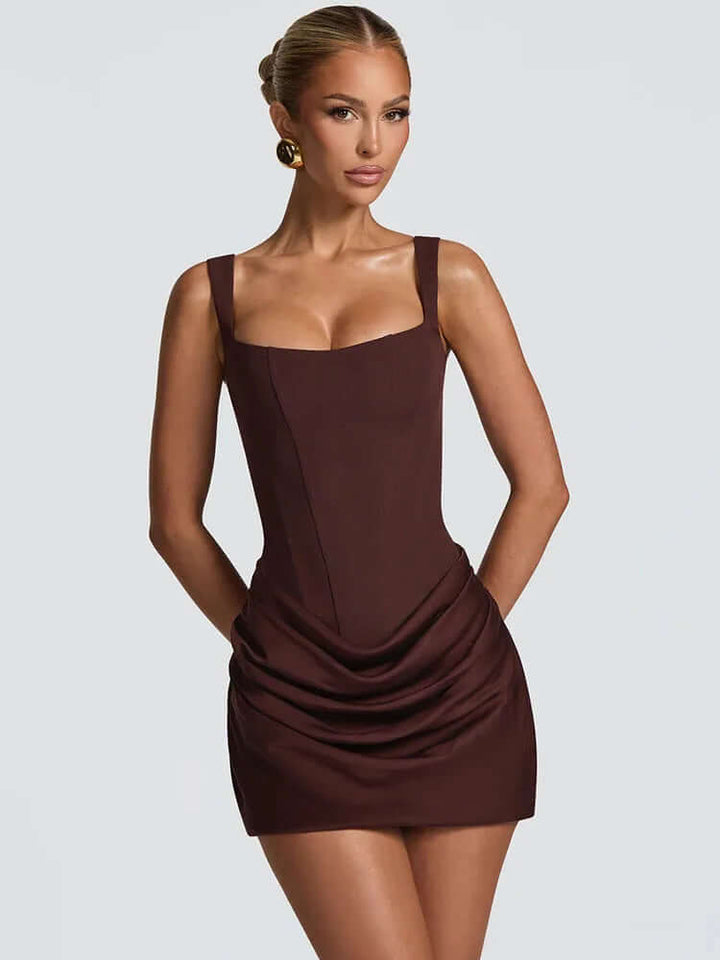 Square-Neck Corset Mini Dress with Ruched Skirt and Lace-Up Back