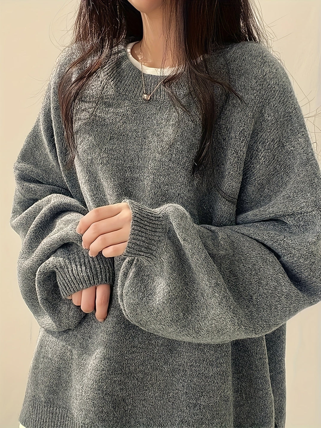 Oversized Knit Sweater with Round Neckline and Ribbed Finishes
