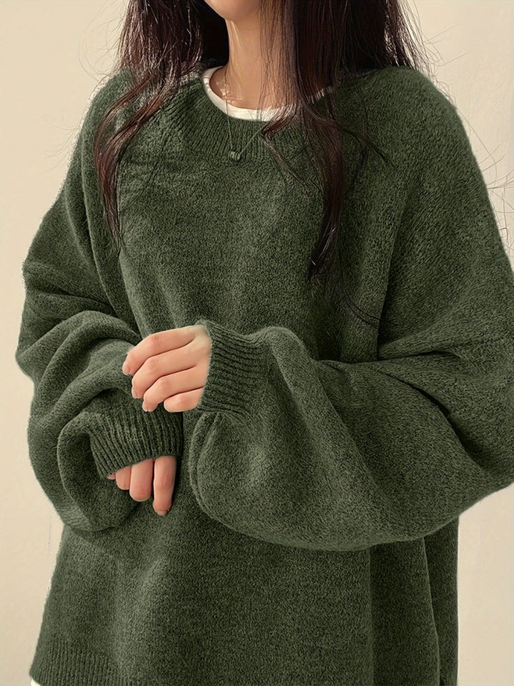 Oversized Knit Sweater with Round Neckline and Ribbed Finishes