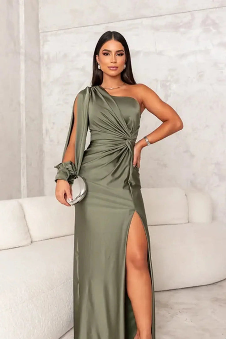 One-Shoulder Maxi Dress with Draped Sleeve and Front Slit