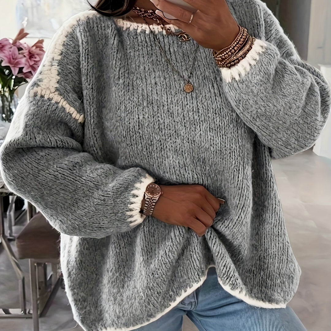 Round Neck Oversized Sweater with Contrast Stitching and Balloon Sleeves