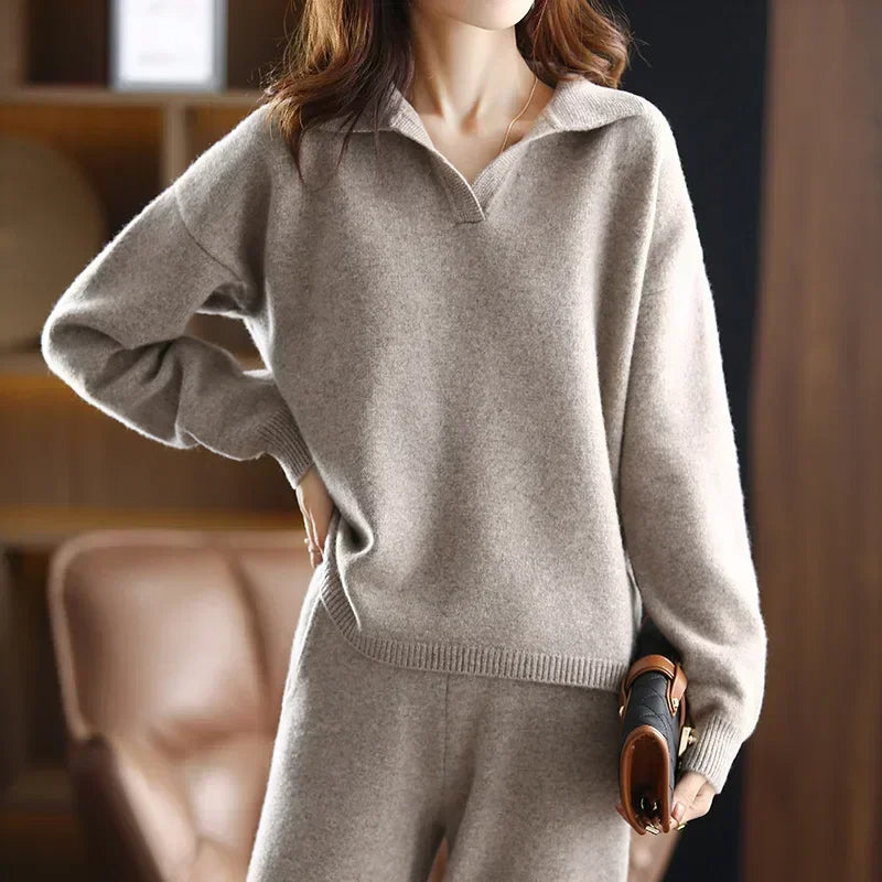Polo Neckline Long Sleeve Top and Straight Leg Trousers Knit Set