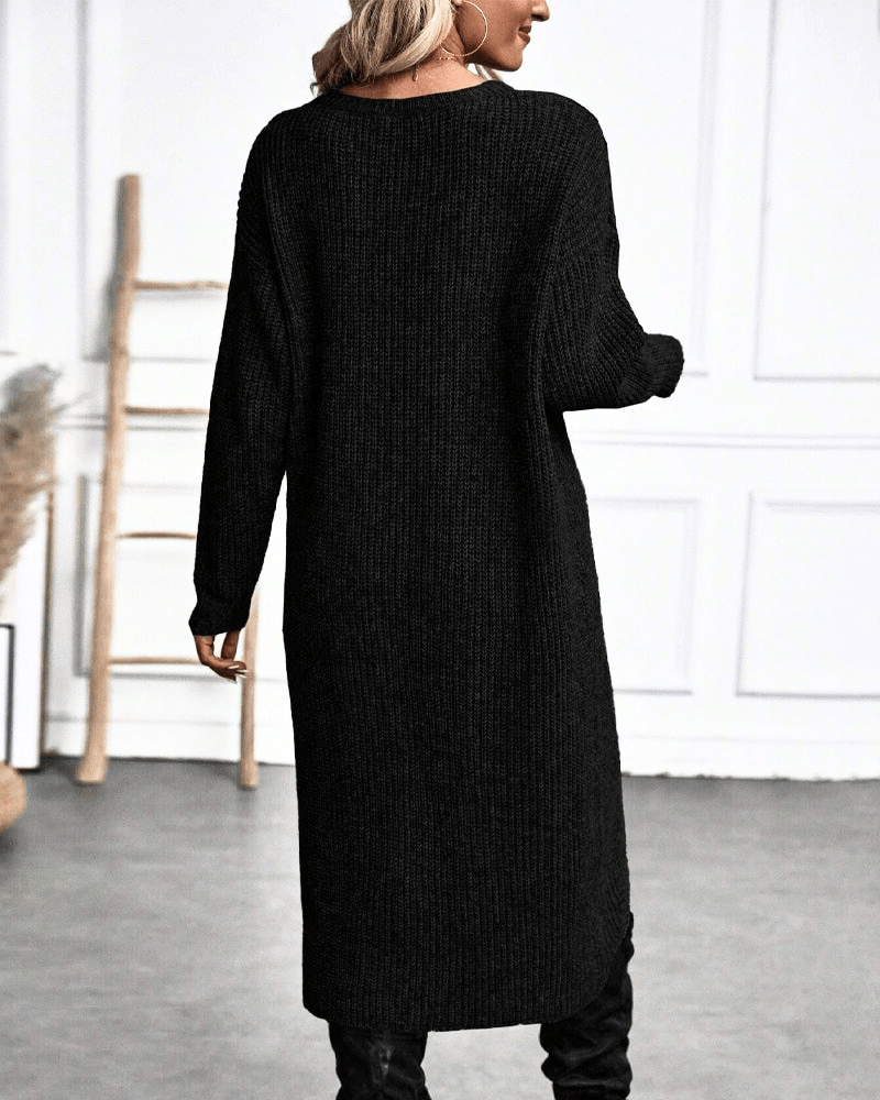 Rib Knit Midi Tunic with Crossover Hem and Long Sleeves