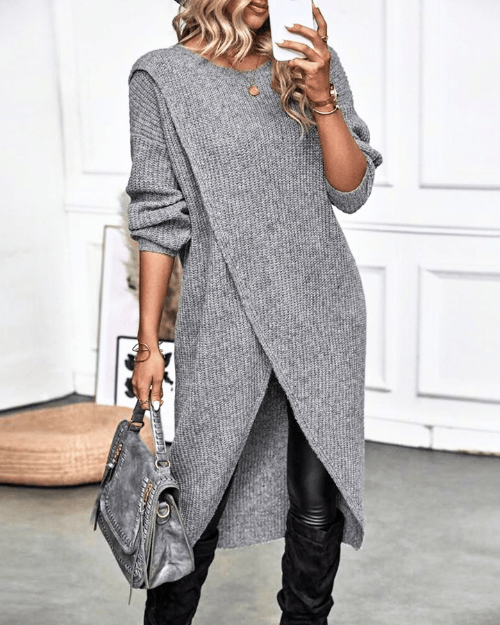 Rib Knit Midi Tunic with Crossover Hem and Long Sleeves