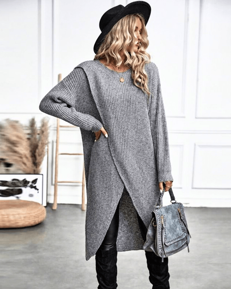Rib Knit Midi Tunic with Crossover Hem and Long Sleeves