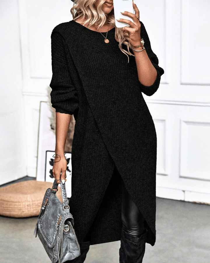 Rib Knit Midi Tunic with Crossover Hem and Long Sleeves
