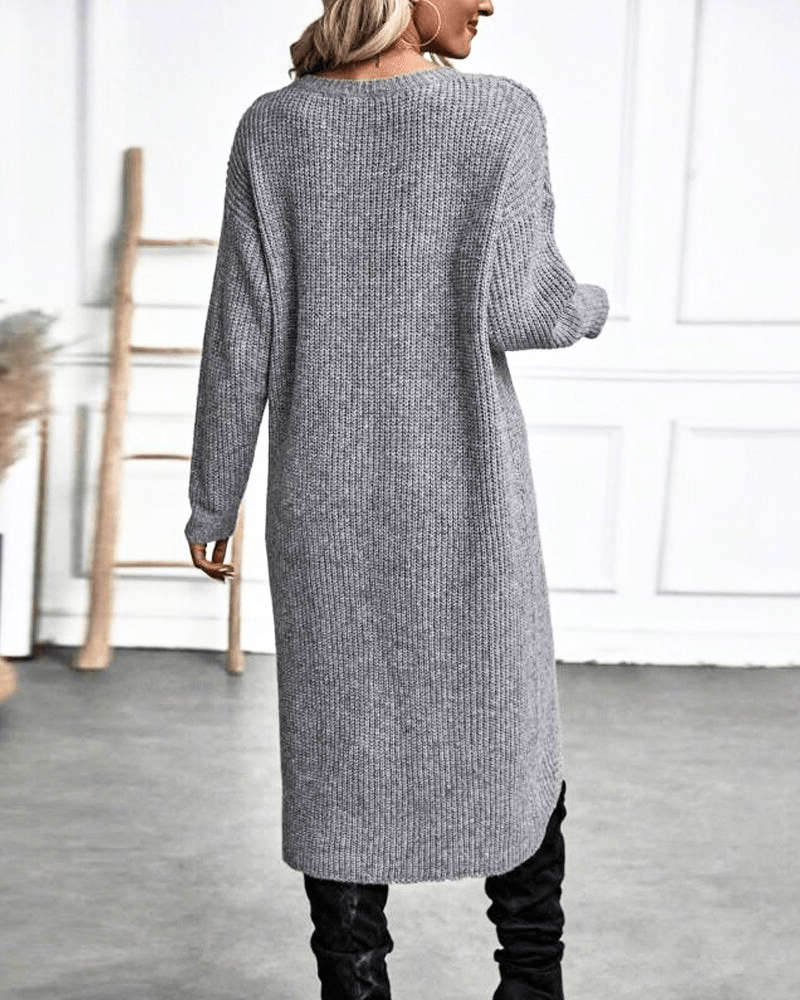 Rib Knit Midi Tunic with Crossover Hem and Long Sleeves