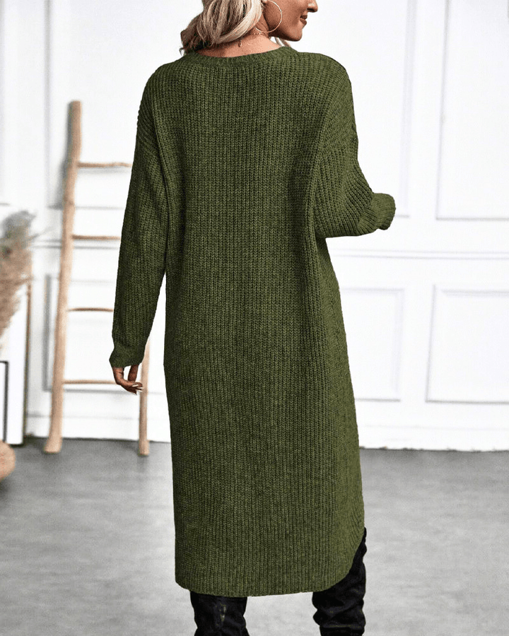 Rib Knit Midi Tunic with Crossover Hem and Long Sleeves