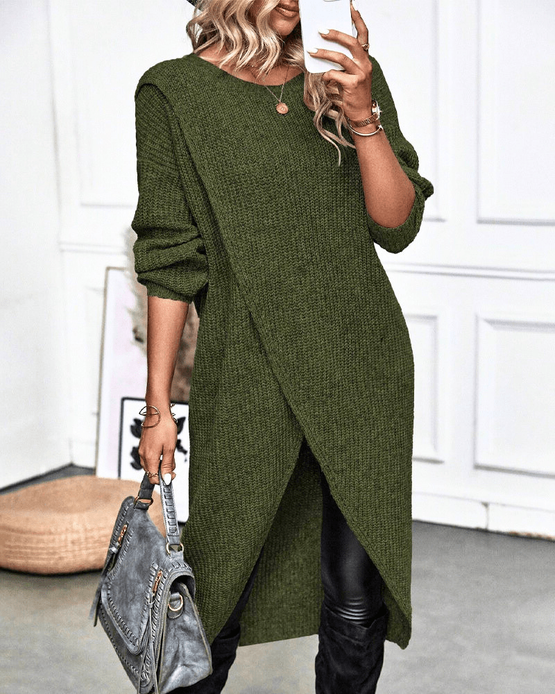 Rib Knit Midi Tunic with Crossover Hem and Long Sleeves