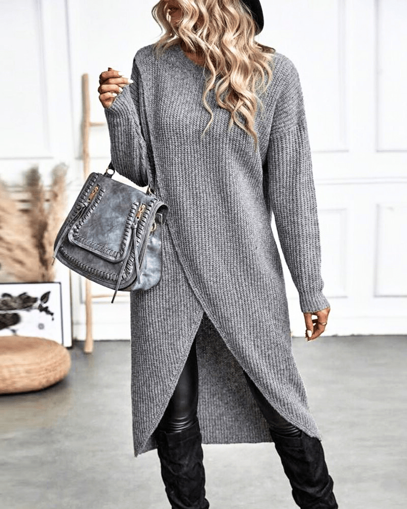 Rib Knit Midi Tunic with Crossover Hem and Long Sleeves
