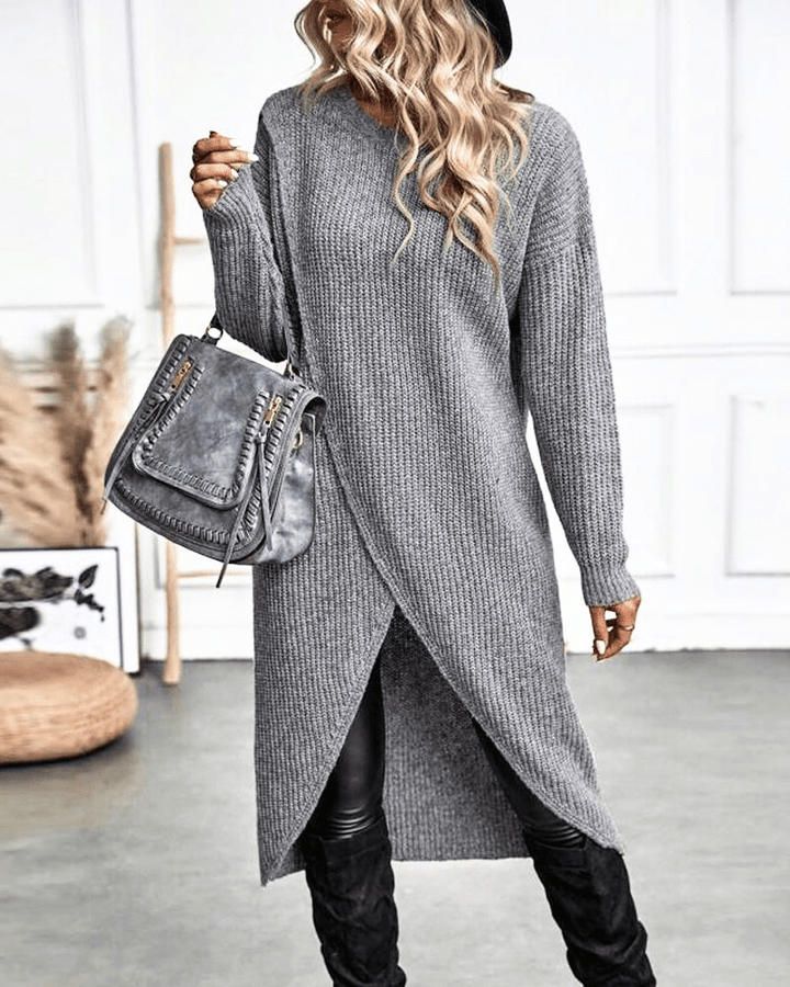Rib Knit Midi Tunic with Crossover Hem and Long Sleeves