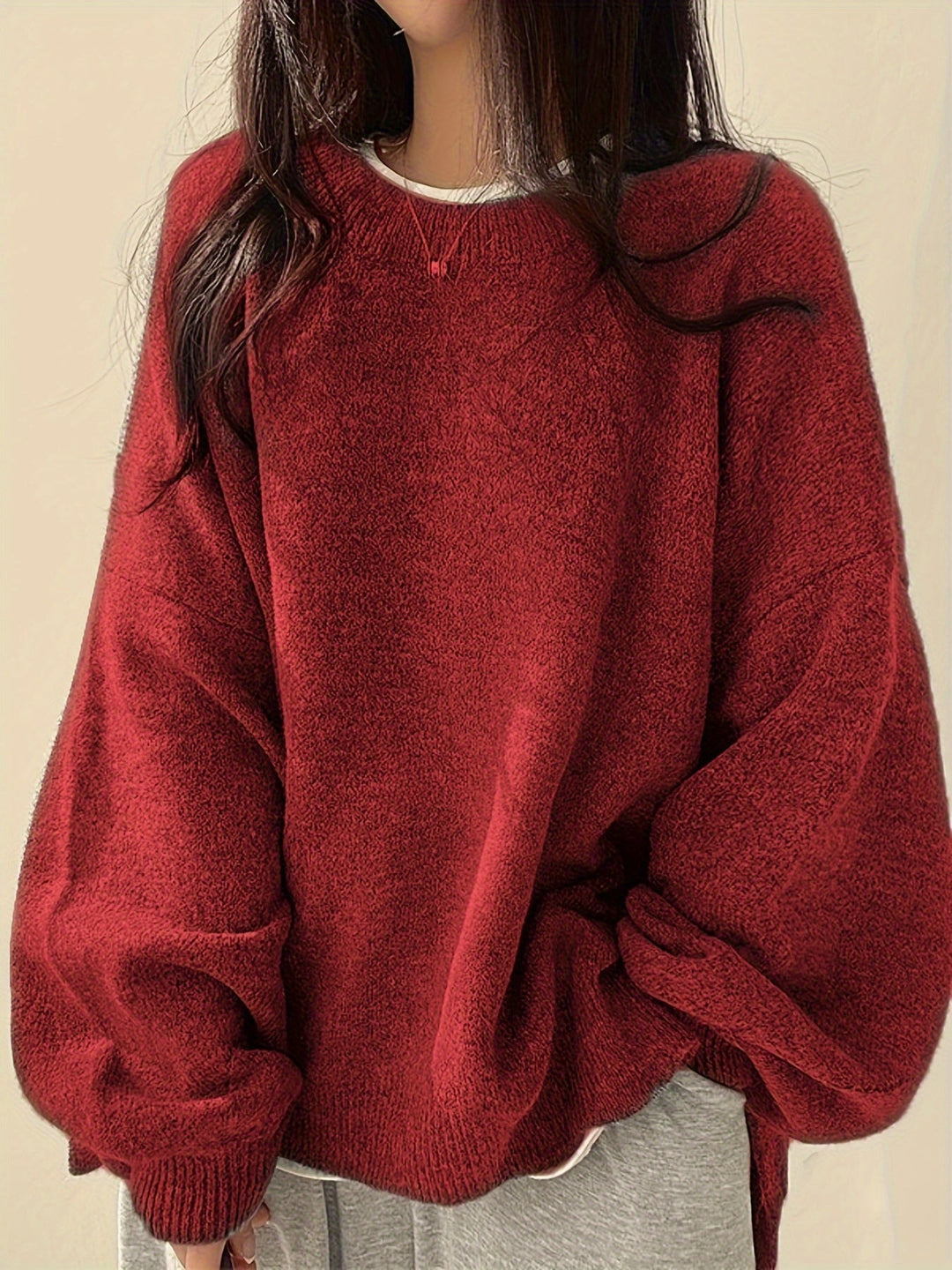Oversized Knit Sweater with Round Neckline and Ribbed Finishes