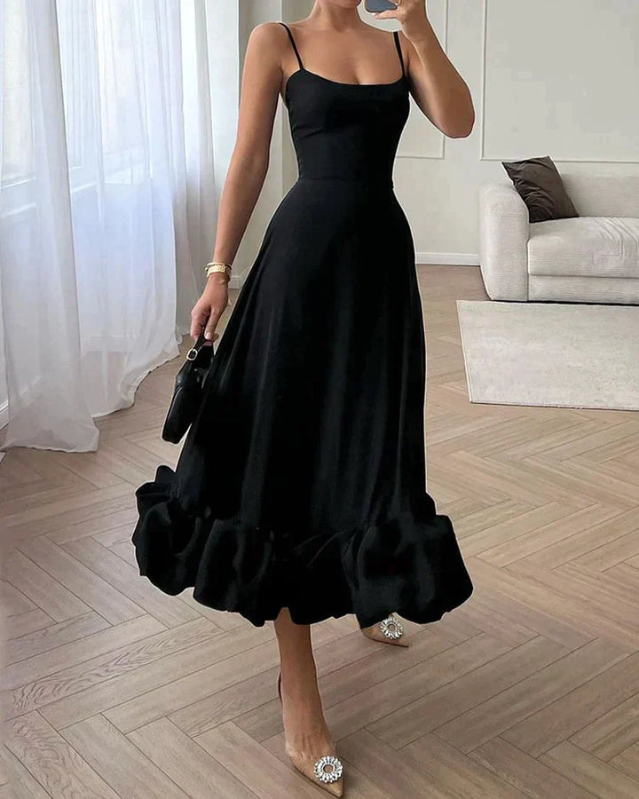 Midi Slip Dress with Spaghetti Straps and Ruffle Bubble Hem